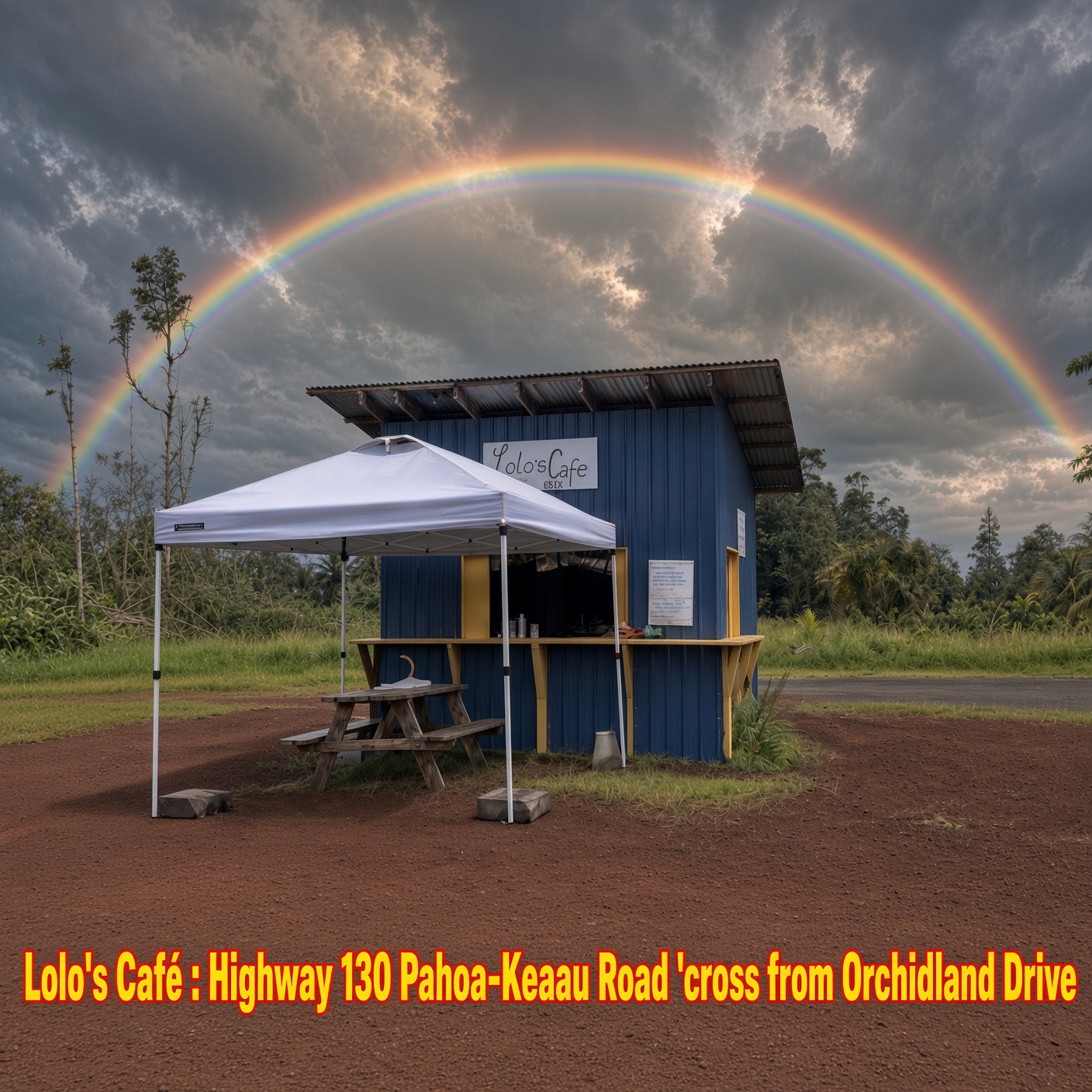Lolo’s Cafe under a rainbow on Hwy 130.